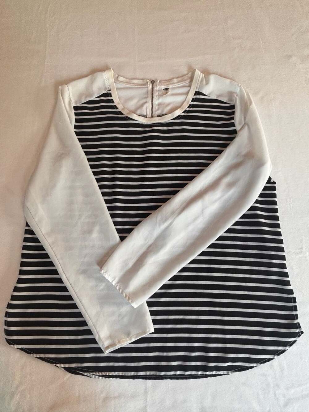 Old Navy Women's Black and White Striped Long Sleeve Top with Back Zipper XL